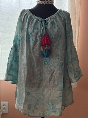 AVANI Boho Tie-Tassel Peasant Blouse - Seafoam Green - Size XL